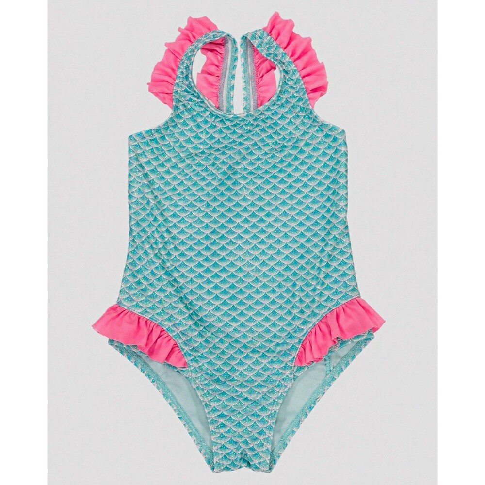 Sweet Pineapple Mermaid Scale One-Piece Swim Size 4 Blue & Pink Ruffled Bow